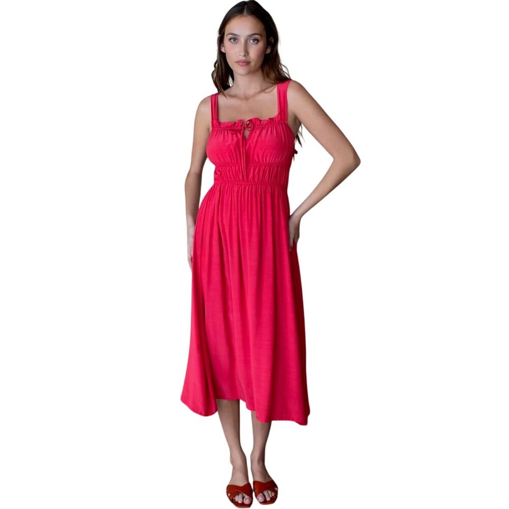 Emerson Fry Pipa Dress Rococco Red Size Medium Ruffle Cinch Bust Midi Viscose